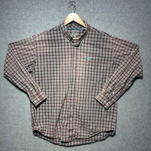Cinch Mens Large Plaid Button Down Shirt Maroon Teal White Long Sleeve Cotton